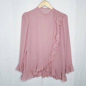 Vintage 80s Polyester Ruffle Wrap Blouse Sz 14 Mauve Pink Secretary Long Sleeve